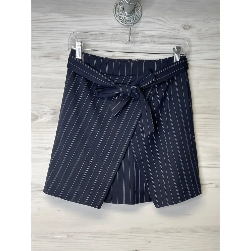 Banana Republic Skirt Womens 00 Petite Navy Blue Pinstripe Front‎ Tie Wrap Mini